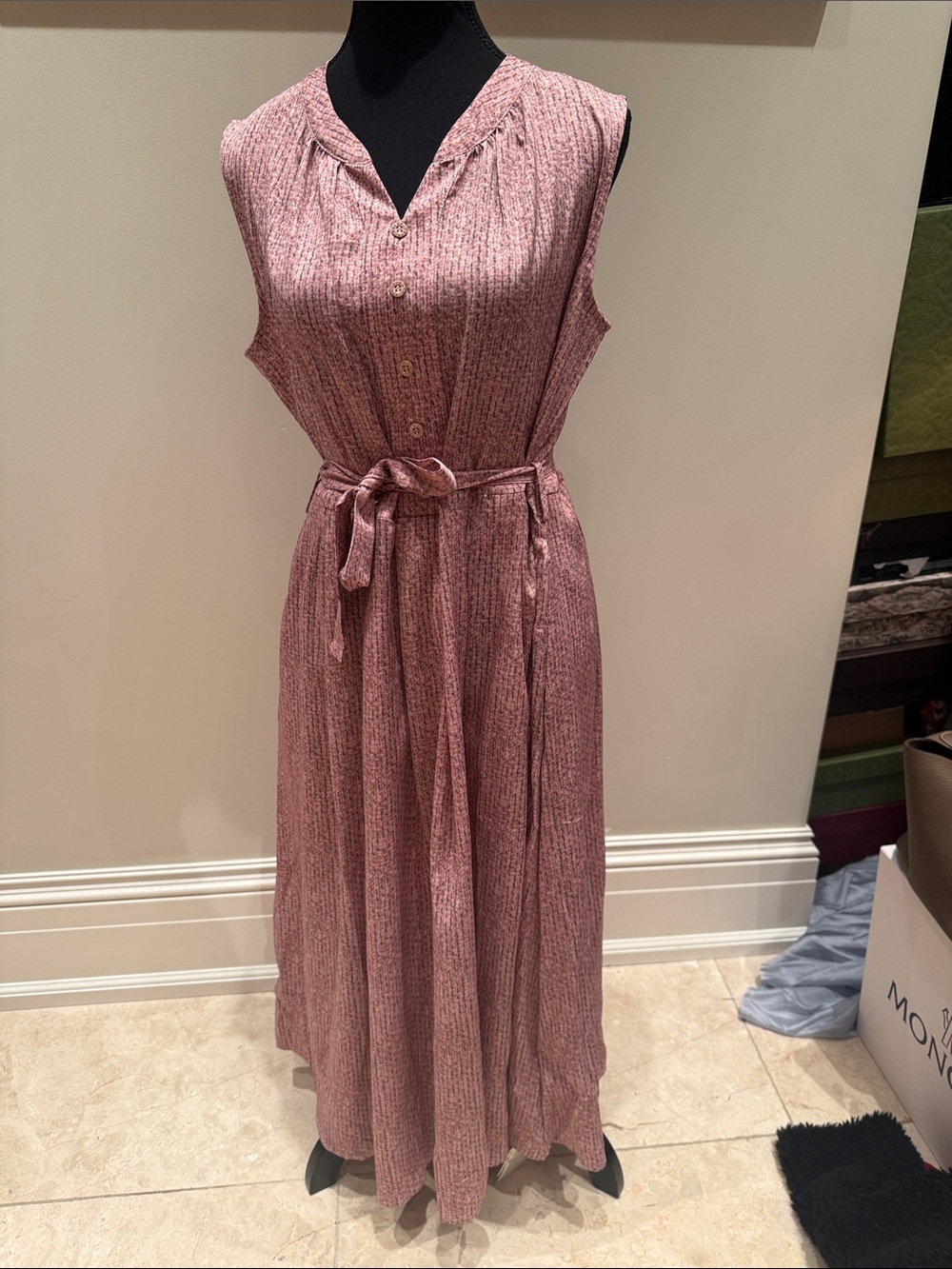 Sleeveless Mauve Button-Front Maxi Dress with Tie Waist